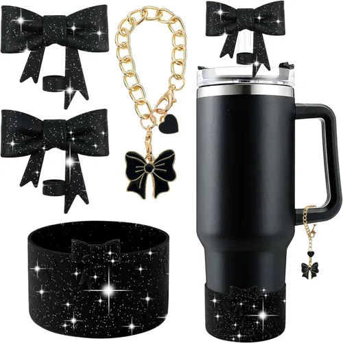 Miniatura 31 de Conjunto de accesorios para taza Hpebl para Stanley, incluye 2 tapas de pajita con moño lindo de 10 mm, tapones reutilizables para pajita, 1 funda