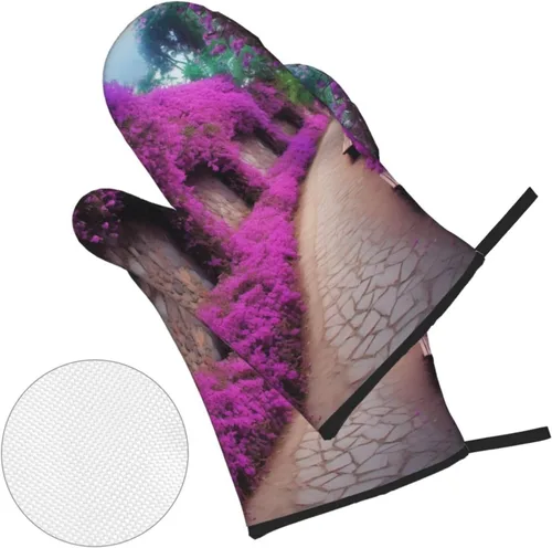 Miniatura 3 de Juego de guantes de horno y soportes para ollas con estampado floral morado, guantes de horno resistentes al calor y almohadillas calientes