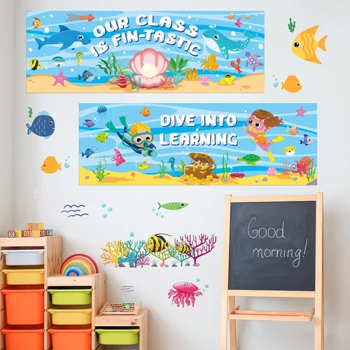 Miniatura 4 de Yeaqee 2 carteles con temática oceánica de 1 x 3 pies, telón de fondo de fotografía para aula, decoración de tablón de anuncios de bienvenida, telón