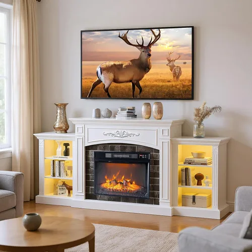 Miniatura 16 de Bonnlo Soporte de TV con chimenea para televisores de hasta 80 pulgadas, centro de entretenimiento rústico con calentador eléctrico y estantes Roble