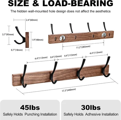 Miniatura 4 de Perchero de pared pequeño de madera de nogal de 17.3 pulgadas con 4 ganchos, colgador de chaquetas de madera resistente montado en puerta