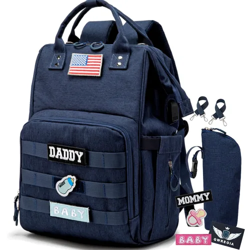 Miniatura 11 de Mochila para pañales con puerto de carga USB, correas para cochecito y bolsillo aislado, mochila militar del ejército de viaje para papá/mamá negro