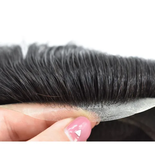 Miniatura 4 de LYRICAL HAIR Sistema de cabello humano Remy de encaje francés súper fino para hombre, piel de poliéster transparente alrededor de las pelucas, tupé