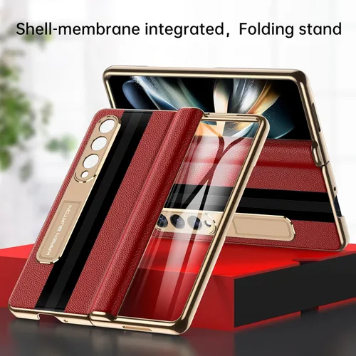Miniatura 6 de para Funda de Teléfono Samsung Galaxy Z Fold 4 [Cuero Genuino de Lujo Premier][Protección Completa de Bisagra][Protector de Pantalla Rojo