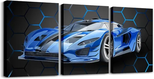 Miniatura 40 de Feelyou Cuadro azul de carreras para pared, 12 x 16 pulgadas, 3 piezas de autos deportivos de velocidad, lienzo para decoración de pared, diseño