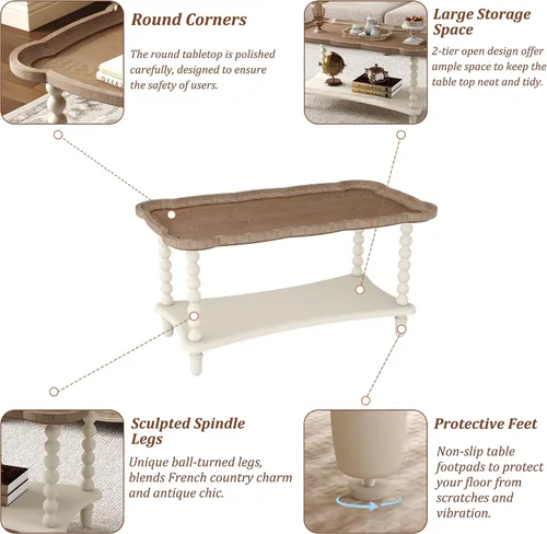 Miniatura 8 de Function Home - Mesa de centro de granja, mesa rústica blanca de estilo francés con estante de almacenamiento, mesas de centro de madera para sala