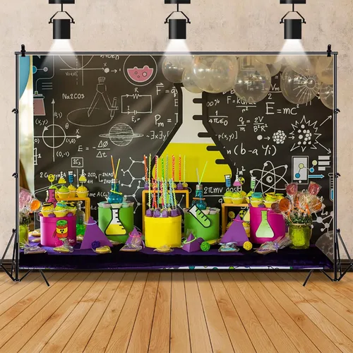 Miniatura 3 de AOFOTO Telones de fondo creativos de 6 x 4 pies para fotos, química, pizarra, tubos de ensayo, globos, pasteles, dulces, fotografía, fondo de niño
