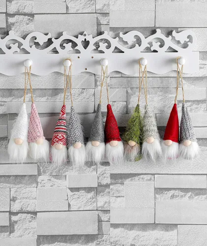 Miniatura 6 de Juego de 10 gnomos colgantes para árbol de Navidad, gnomos de felpa suecos hechos a mano, Papá Noel, elfo, decoración para el hogar, decoración
