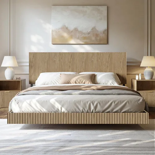 Miniatura 12 de Evermagin Base de cama flotante de tamaño matrimonial con cabecero, cama de plataforma acanalada bohemia con luces LED, marco de cama flotante