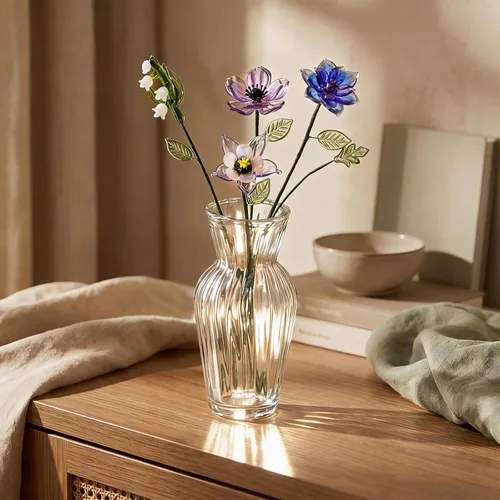 Miniatura 2 de HunnmingRe 5 piezas de flores de vidrio con jarrón, decoración de flores de mes de nacimiento de mayo, ramo de flores de cumpleaños de vidrio