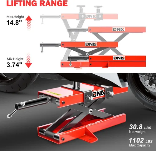 Miniatura 4 de DNA Motoring Gato elevador de tijera para motocicleta con soporte de elevación y pernos - 500 kg (1100 libras) Rango de elevación de 3.7-14.8