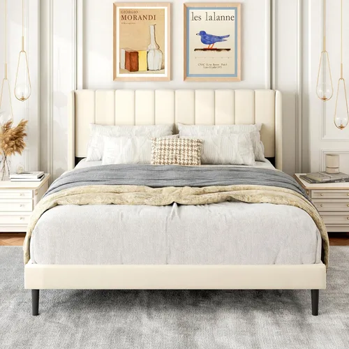 Miniatura 19 de Gruwans Estructuras de Cama Individual con Cabecera Wingback, Camas de Plataforma Tapizadas, No Necesita Somier, Soporte Resistente de Listones