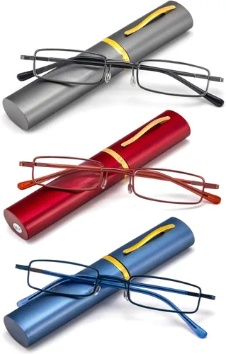 Miniatura 13 de REAVEE - 2 unidades de gafas de lectura con bolígrafo delgado para hombres y mujeres, tamaño pequeño de bolsillo, tubo con bisagra de resorte