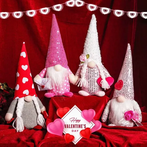 Miniatura 5 de Decoración de gnomo de San Valentín de elfo de peluche – 4 gnomos suecos hechos a mano de peluche de elfo escandinavo Tomte – Adorno de mesa