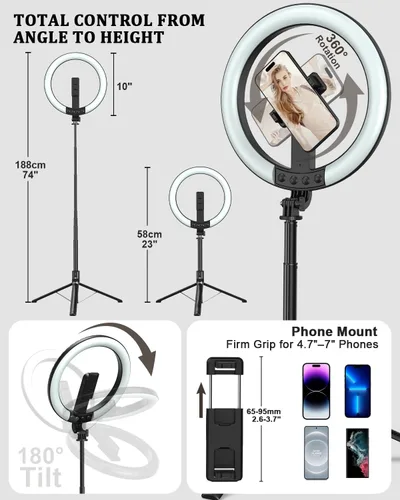 Miniatura 5 de Kit de vlogging para iPhone/Android, anillo de luz de 10 pulgadas con soporte, trípode de 74 pulgadas para iPhone con luz, micrófono, kit de inicio