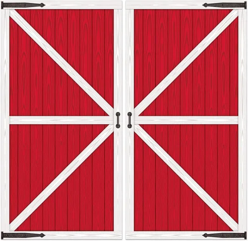 Beistle Accesorios para puerta de granero rojos: paneles de fondo de fotos de plástico fino con impresión de puerta izquierda y derecha para fiestas