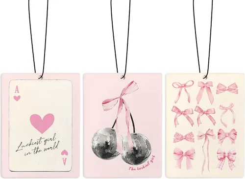 Miniatura 10 de Ambientador de coche Cute Coquette con lazo rosa, ambientador de bola de discoteca Preppy Y2K con tarjeta de acetato de cereza, ambientador colgante