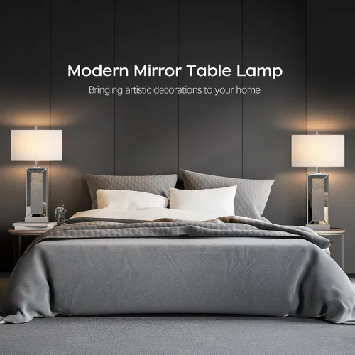 Miniatura 6 de Juego de 2 lámparas de mesa modernas con control táctil, lámpara de mesita de noche con espejo de diamante de cristal de plata con puertos USB C+A