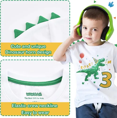Miniatura 4 de WAWSAM Camiseta de cumpleaños para niño de 3 años, diseño de dinosaurio, de algodón, color blanco