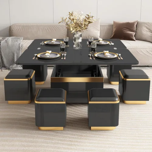 Guyii Mesa de centro elevable con taburetes de almacenamiento, mesa central multifuncional negra con cajones, moderna mesa de comedor extensible