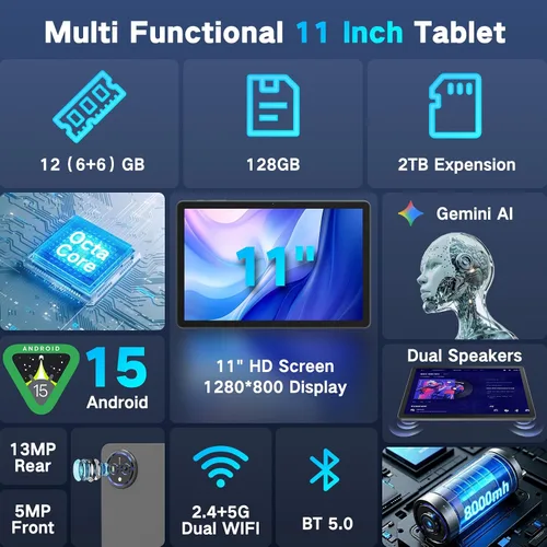 Miniatura 2 de JUNYANG Tableta, tabletas Android 15 de 11 pulgadas con teclado/estuche/mouse, 12GB+128GB+2TB expandibles, tabletas Octa-Core AI con WiFi 6, batería