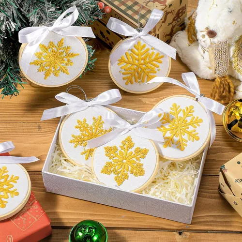 Miniatura 6 de Roowest Juego de 6 juegos de bordado de Navidad para principiantes y adultos, diseño de copo de nieve de invierno, bordado de punto de cruz, kit