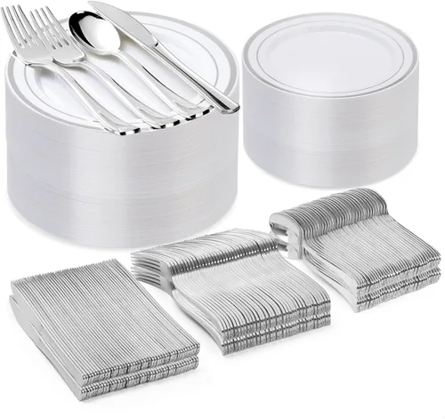 Miniatura 14 de BESTVIP Juego de 600 platos de plástico dorado transparente (para 100 invitados), platos de plástico para fiesta, boda, cumpleaños, juego de vajilla
