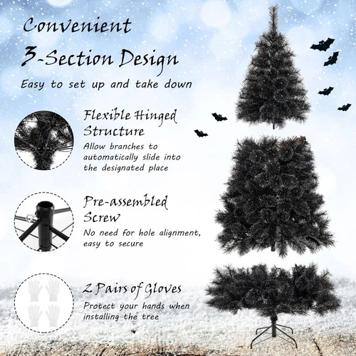 Miniatura 6 de Goplus - Árbol de Navidad artificial negro de 7 pies con luces preinstaladas, árbol de Halloween artificial, árbol de Navidad completo con bisagras