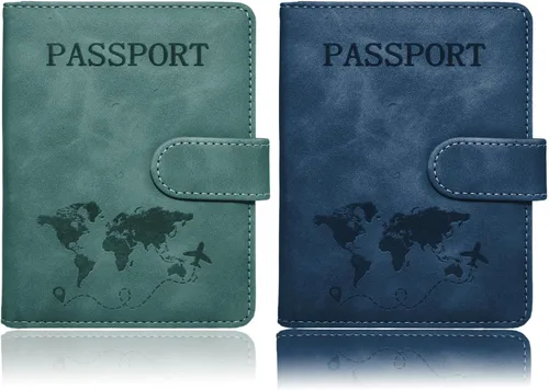 Juego de 2 fundas para pasaporte, Azul, verde, Minimalista