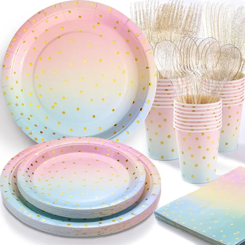 Suministros de fiesta pastel arco iris pastel platos de papel para fiestas, vasos, servilletas, juego de vajilla para decoraciones de fiesta pastel