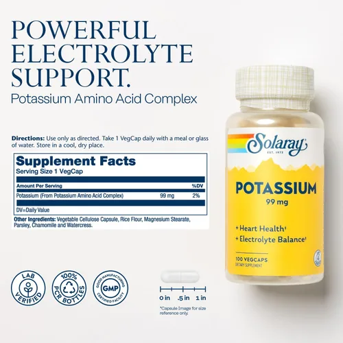 Miniatura 2 de Solaray Potasio 99 mg - Fórmula de equilibrio de electrolitos - Suplemento de potasio para electrolitos, apoyo vascular y de salud cardíaca