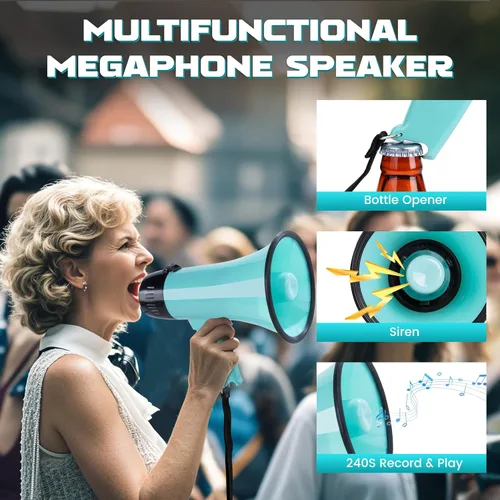 Miniatura 2 de MyMealivos 20W Megaphone Bullhorn, Built in Siren & 240s Recording, 5.4"×8.6" Portable Megaphone with Volume Control Cover Up to 300 feet+ for Verde