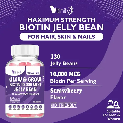 Miniatura 3 de VITINITY Biotin 10000 Mcg Extra Strength Vegetarian (Vitamina B) Suplemento sin azúcar - Apoya el cabello y la piel más saludables - Mujeres