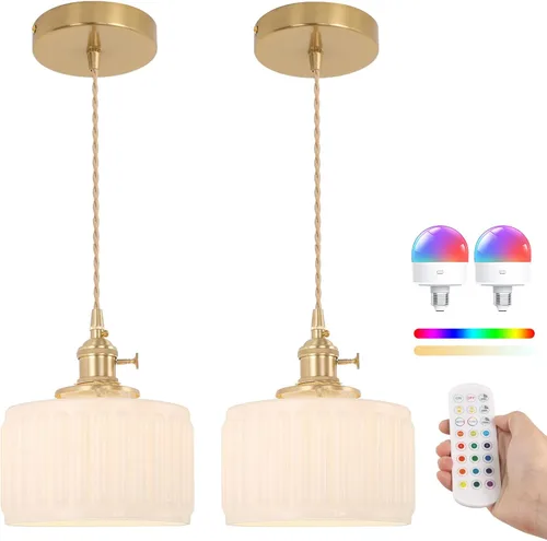 Miniatura 38 de Shenmoyl Lámpara colgante con pantalla de vidrio transparente a rayas, luz colgante vintage de latón, luz colgante ajustable para cocina, isla