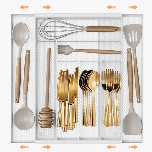 Miniatura 12 de Sedegn Organizador de utensilios de cocina expandible – Bandeja de cubiertos ajustable de 9.6 a 16.1 pulgadas con 5 – 7 compartimentos – Se adapta a