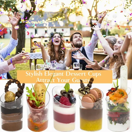 Miniatura 4 de TOFLEN Paquete de 100 mini tazas de postre con cucharas, tazas redondas de plástico para postres de 2.2 onzas, tazas inclinadas para aperitivos