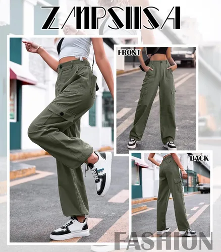 Miniatura 4 de ZMPSIISA Pantalones cargo de cintura alta para mujer, pantalones casuales de pierna ancha, 6 bolsillos, pantalones militares de combate