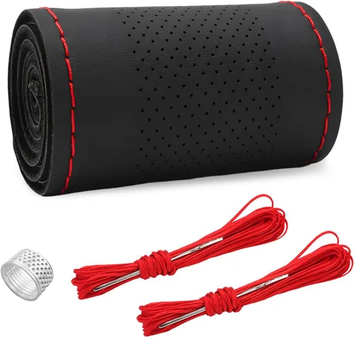 Miniatura 24 de Ziciner - Funda de cuero genuino para volante, transpirable, antideslizante, protector de volante de automóvil para un diámetro máximo de 15 Negro