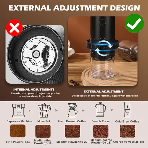 Miniatura 4 de Molinillo de café eléctrico portátil con 38 ajustes de molienda ajustables, batería recargable de 1500 mAh, molinillo de café portátil