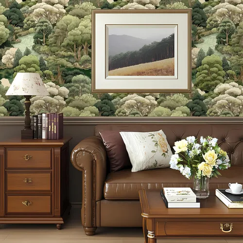 Miniatura 2 de Papel Tapiz de Bosque Vintage Despegar y Pegar Removible Naturaleza Botánico Árbol Río 17.7" x 118.11" Papel de Pared Acuarela Autoadhesivo Papel