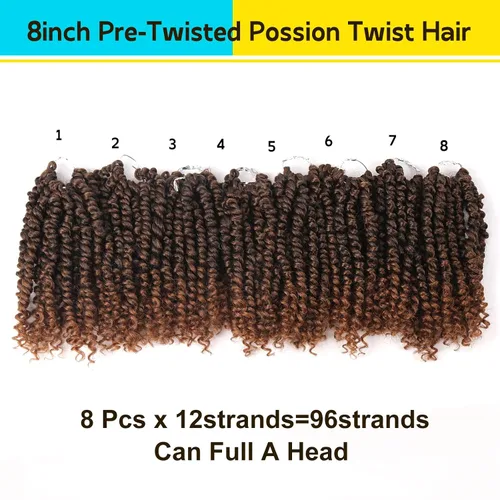 Miniatura 3 de Cabello Passion Twist – 8 pulgadas Passion Twist Crochet Hair para mujer, 8 paquetes de cabello rizado pretrenzado Passion Twists extensiones de T30.