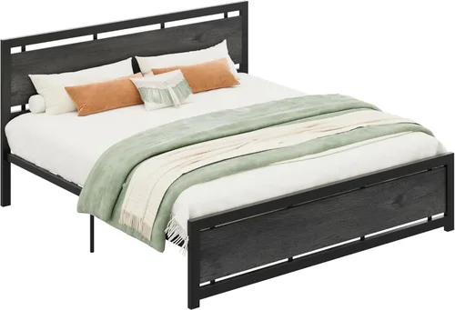 Miniatura 9 de LIKIMIO Base de cama King con cabecero y estribo, soportes fuertes de metal, fácil montaje, sin ruido, no necesita somier, gris carbón