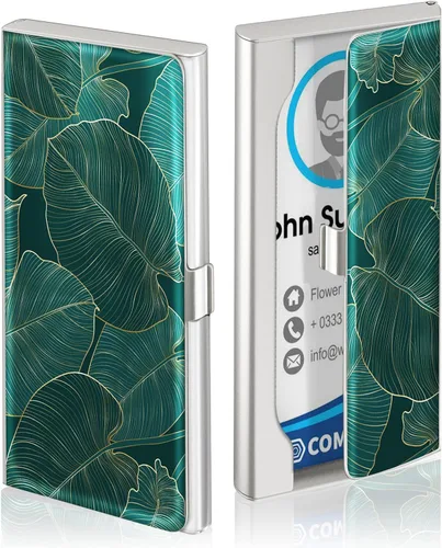 Miniatura 2 de Swooflia Funda para tarjetas de visita para hombres y mujeres, de metal verde con hojas tropicales tropicales, monedero delgado de bolsillo, fundas