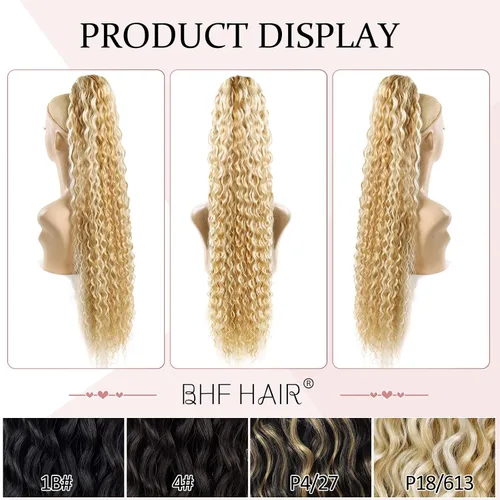 Miniatura 3 de Extensión de cola de caballo rizada ondulada de 26 pulgadas, color rubio ceniza con rubio decolorado, extensiones de cabello sintético con clip