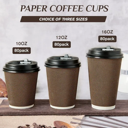 Miniatura 7 de LITOPAK Paquete de 80 tazas de café de papel de 10 onzas, tazas de café caliente con pared ondulada aislada con tapa y pajitas, tazas de tres capas