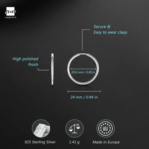 Miniatura 21 de Amberta® Aretes de plata de ley 925 con círculos finos y sin fin. Tamaño del diámetro: 20 30 40 60 2.953 in