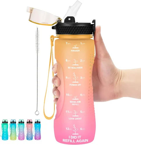 Miniatura 19 de Botella de agua motivacional para niños de 24 onzas con marcador de tiempo, tapa de pajilla, a prueba de fugas, botella de agua deportiva Tritan sin