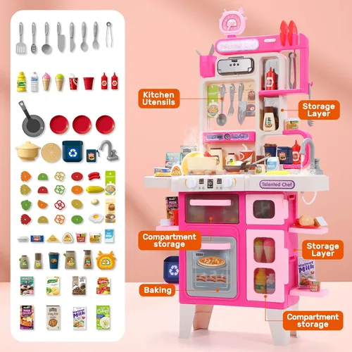 Miniatura 8 de CUTE STONE Juego de cocina para niños, juego de cocina con sonido y luz, estufa de cocina con vapor, fregadero de juguete, juguete de comida y Rosa