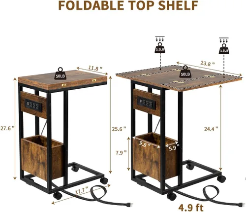 Miniatura 3 de Hadulcet Mesa auxiliar en forma de C con estación de carga y mesa plegable, mesa plegable para TV con almacenamiento, mesa para laptop para sofá