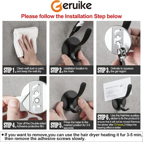 Miniatura 6 de Paquete de 2 ganchos adhesivos para toallas, color negro mate 304, ganchos para toallas de mano de acero inoxidable para baño, cocina, montaje